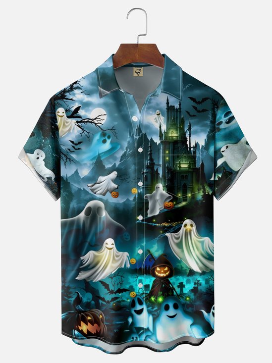 Moisture-Wicking Gradient Halloween-Themed Featuring Ghosts Pumpkins And Bats  Chest Pocket  Hawaiian Shirt