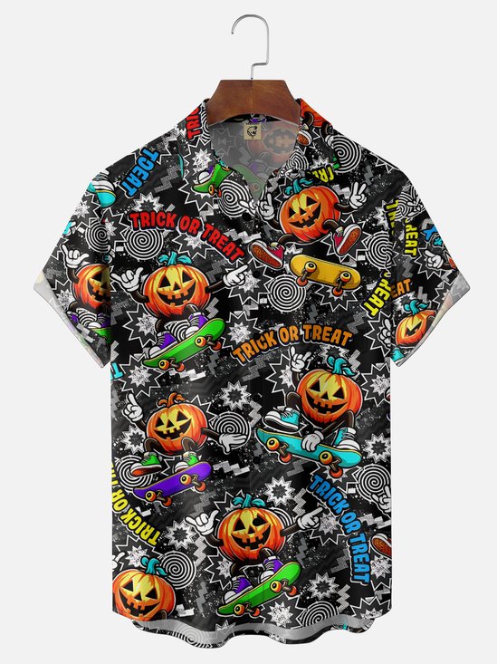 Moisture-Wicking Gradient Halloween Pumpkin & Geometric Skateboard Print  Chest Pocket Hawaiian Shirt