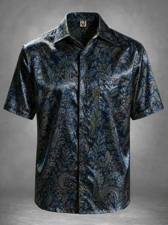 Breathable Silk Satin Cashew Flower Vines Leaves Chest Pocket Casual Shirt