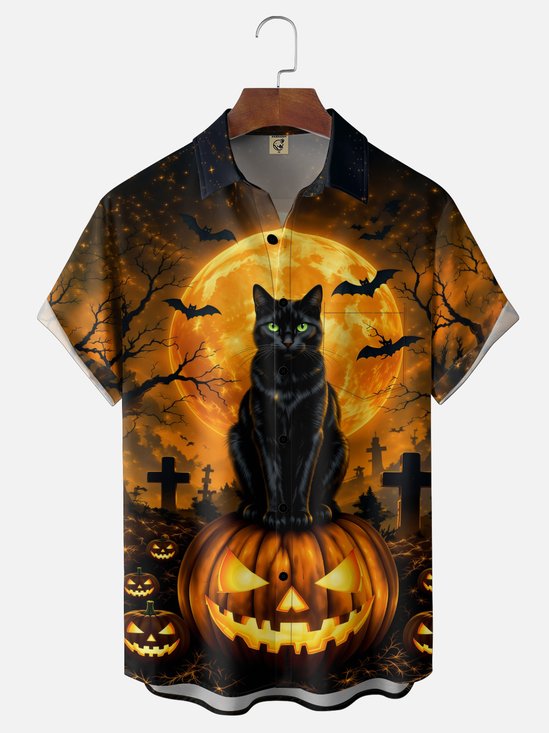 Moisture-Wicking Ombré Halloween  Black Cat Pumpkin Bat Print  Chest Pocket Hawaiian Shirt