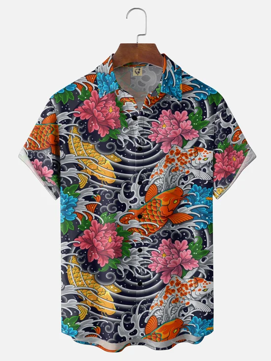 Moisture-Wicking Japanese-Inspired Koi And Wave Chest Pocket Hawaiian Shirt