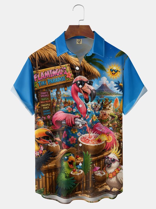Moisture-Wicking Parrot Taste Flamingo Tiki Paradise Aloha Chest Pocket Hawaiian Shirt