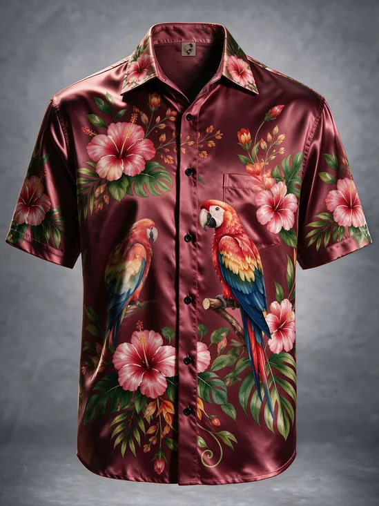 Breathable Silk Satin Tropical Parrots Hibiscus Floral Chest Pocket Hawaiian Shirt