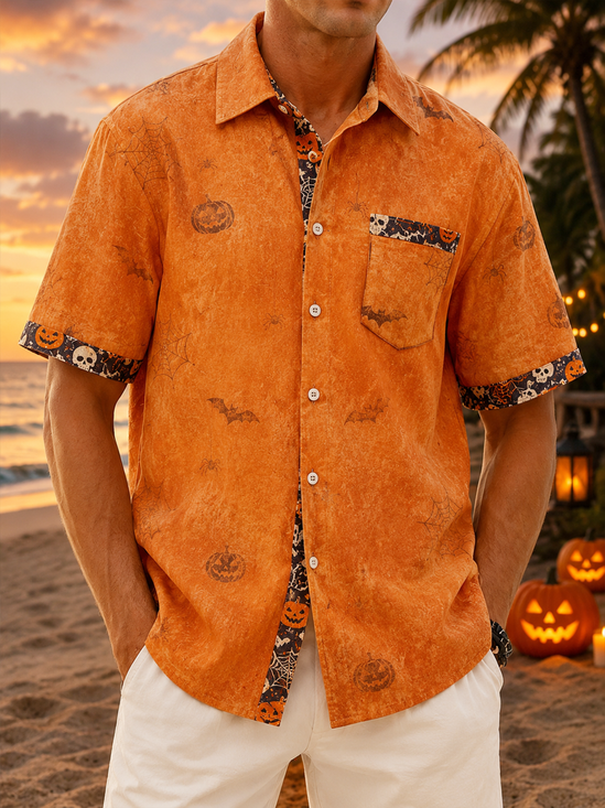 Linen-Texture Halloween Pumpkin Skull and Bat Print Chest Pocket Casual Shirt