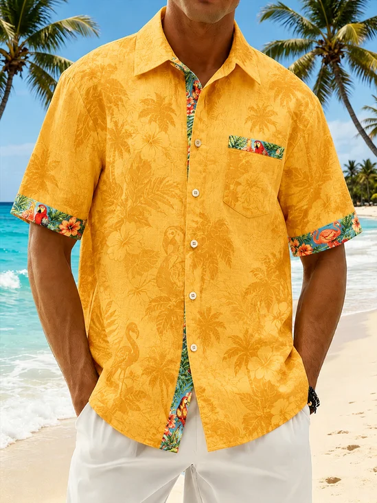 Linen-Texture Tropical Palm Leaf & Coconut Tree Print Chest Pocket Casual Shirt