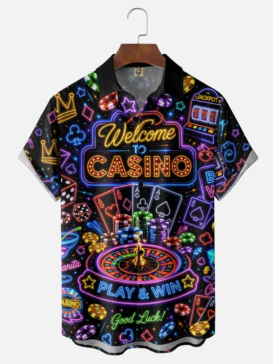 Moisture-Wicking Neon-Colored Paramount Playing Card Print Chest Pocket Hawaiian Shirt
