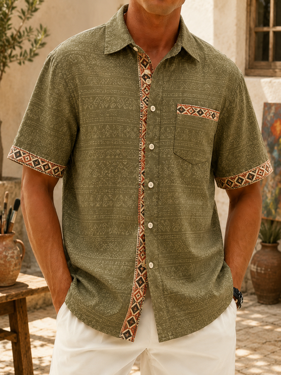 Linen-Texture Solid-Color Color-Blocking Gradient Geometric Pattern Chest Pocket  Casual Shirt