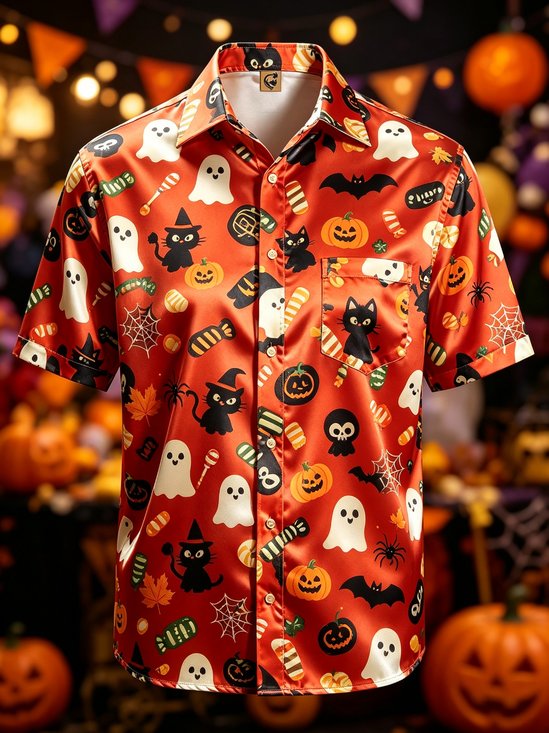Silk Satin Breathable Gradient Design Halloween Themes Black Cat Ghost Pumpkin Spiderweb  Chest Pocket  Hawaiian Shirt