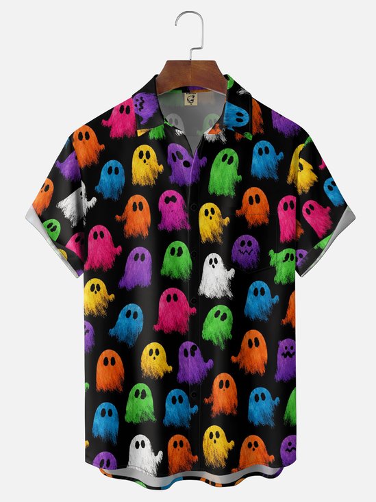 Moisture-Wicking  Fun Halloween Ghost Chest Pocket Hawaiian Shirt