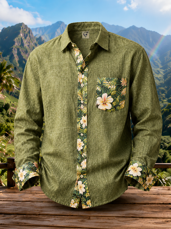 Linen-Texture Solid-Color Paneling Leaf Print Chest Pocket Casual Long-Sleeve Shirt