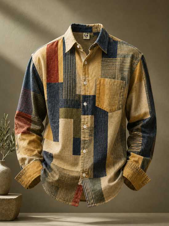 Linen-Texture Abstract Geometric Stripe Chest Pocket  Long-Sleeve Casual Shirt