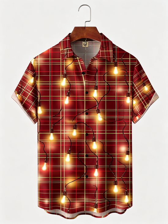 Moisture-Wicking Gradient Christmas Plaid & String Lights Print Chest Pocket Hawaiian Shirt