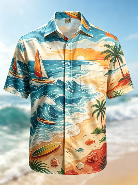Moisture-Wicking Sailboats Coconut Trees Beach Scenes And Seashells Chest Pocket Hawaiian Shirt