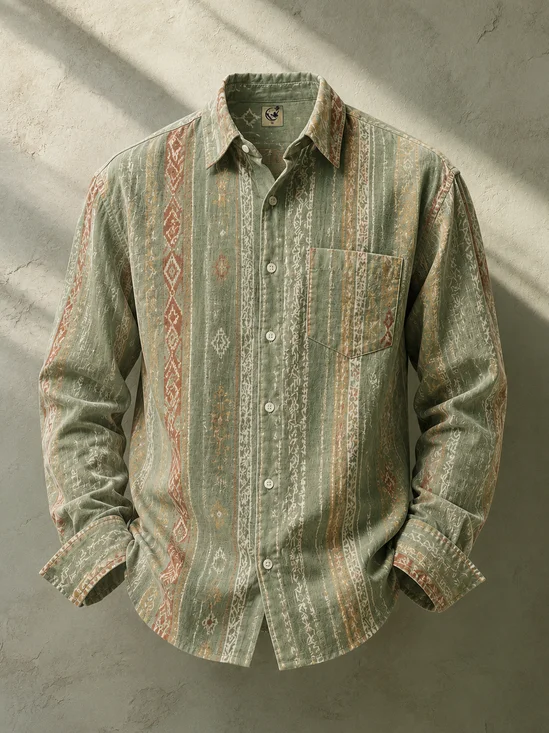Linen-Texture Abstract Ethnic Geometric Stripe Chest Pocket Long-Sleeve Casual Shirt