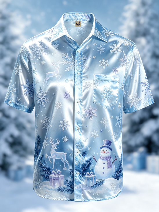 Silk Satin Breathable  Gradient Design featuring Christmas Snowmen And Snowflakes Chest Pocket Hawaiian Shirt