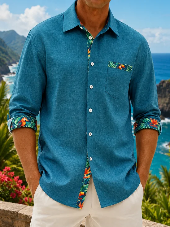 Linen-Texture  Solid Botanical Leaf Parrot Print Panel Design Chest Pocket Long-Sleeve Casual Shirt