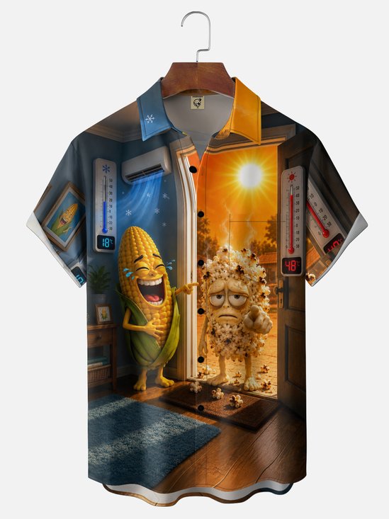 Moisture-Wicking Novelty "High-Heat Corn Turning into Popcorn" Graphic   Chest Pocket Hawaiian Shirt