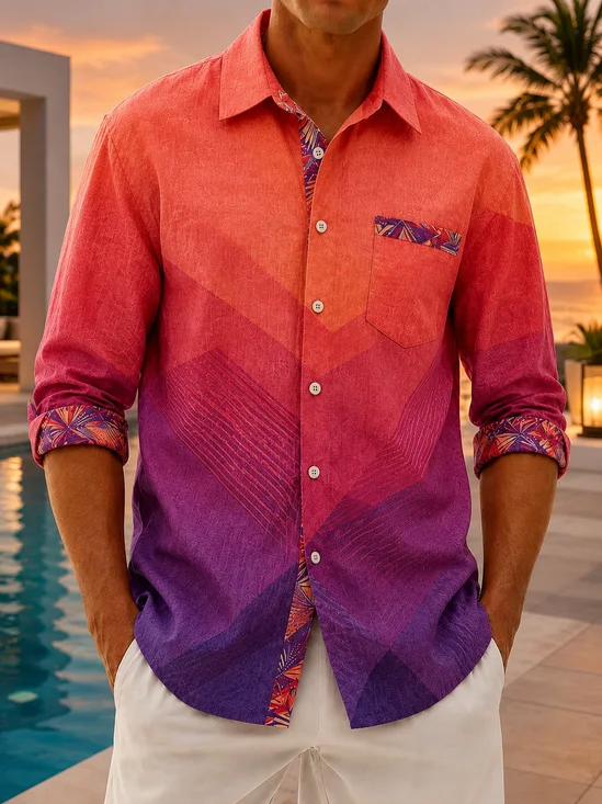 Linen-Texture Solid-Color Paneling, and Geometric Gradient  Chest Pocket Casual Long-Sleeve Shirt