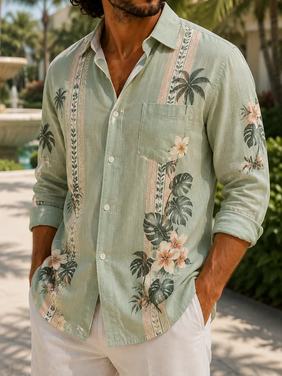 Linen-Texture Geometric Stripe & Tropical Floral Print Chest Pocket Long-Sleeve Casual Shirt