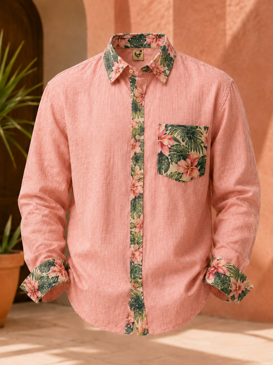 Linen-Texture Solid-Color Paneling Leaf Print Chest Pocket Casual Long-Sleeve Shirt