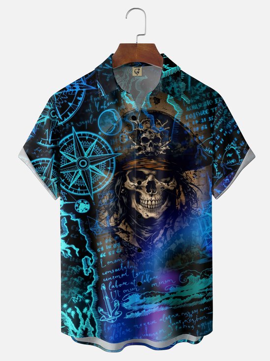 Moisture-Wicking Treasure Map Nautical Chart Pirate Theme Chest Pocket  Hawaiian Shirt