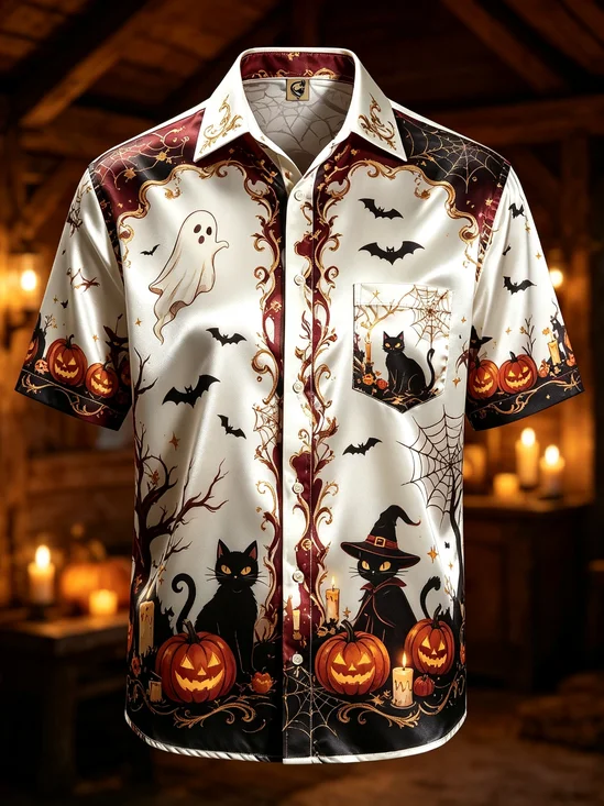 Silk SatinBreathable Gradient Design Halloween Black Cat Ghost Pumpkin Spiderweb  Chest Pocket Hawaiian Shirt