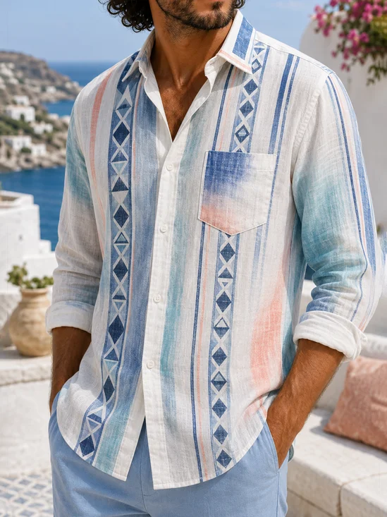 Linen-Texture Abstract Gradient Geometric Stripe Chest Pocket Long-Sleeve Casual Shirt