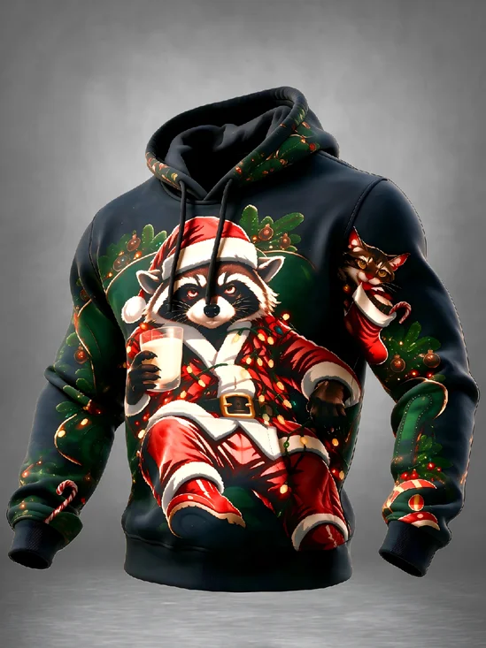Christmas Raccoon Christmas Outfit Kangaroo-Pocket Hoodie Sweatshirt