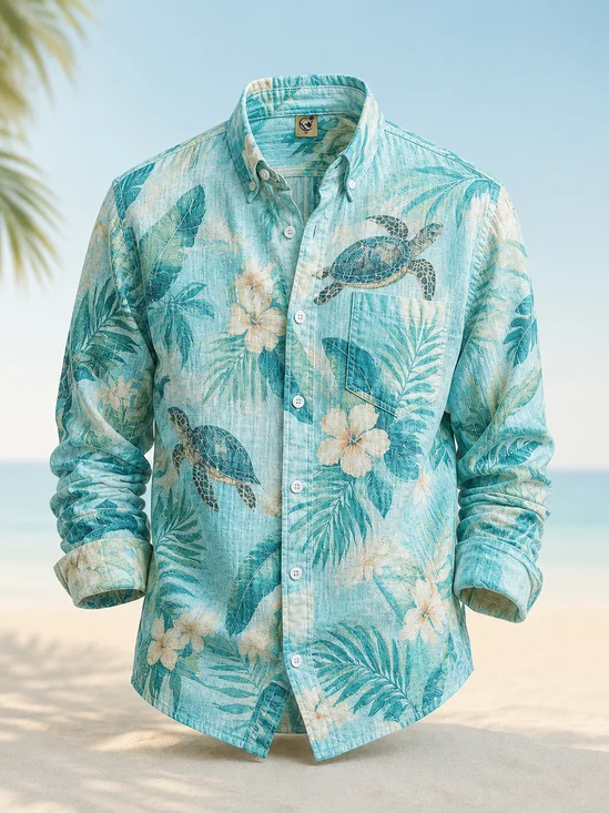 Linen-Texture Tropical Leaf and Sea Turtle Chest Pocket  Long-Sleeve Casual Shirt