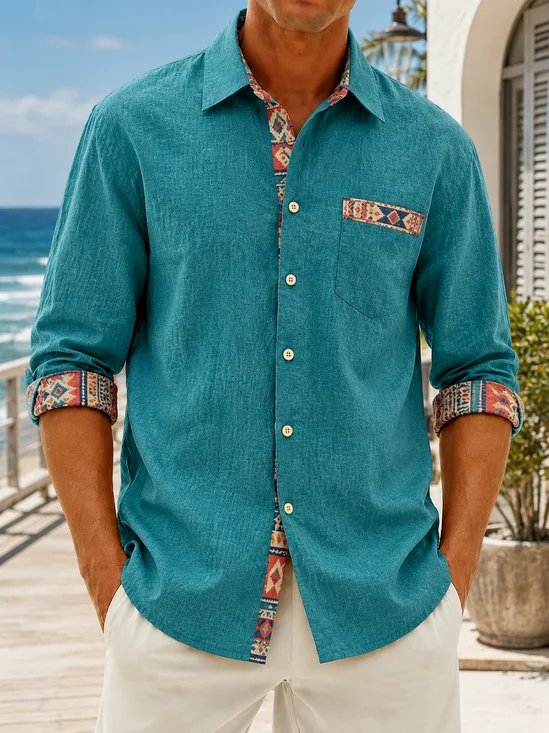 Linen-Texture  Solid-Color Paneling Ethnic Geometric Patterns Chest Pocket Long Sleeves Casual Shirt