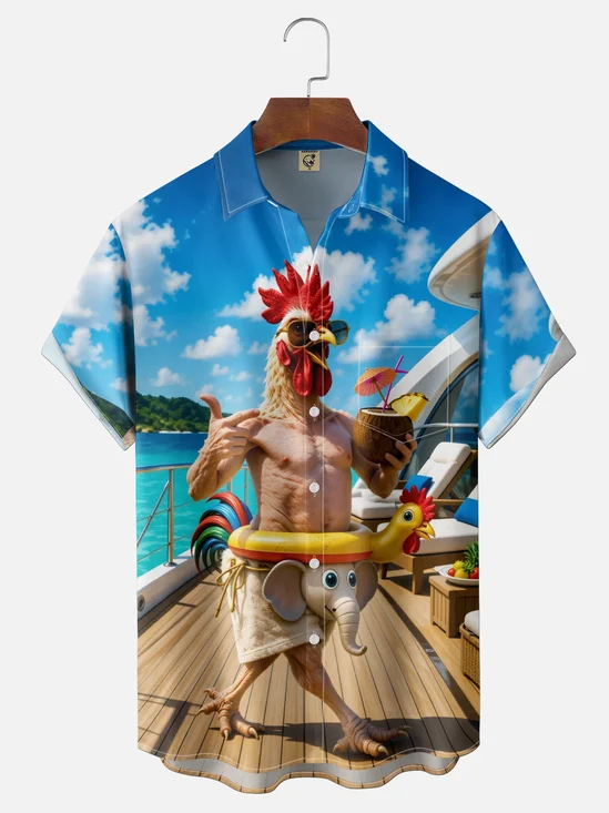 Moisture-Wicking "Dad Bod" Vacation-Themed Coconut Drink Chest Pocket Hawaiian Shirt
