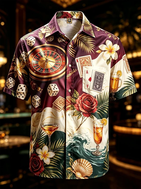 Moisture-Wicking Neon Paramount Cocktail & Dice Print Chest Pocket Hawaiian Shirt