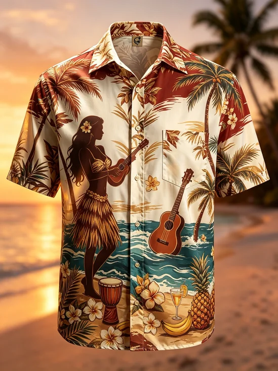 Moisture-Wicking Tropical Plants Hula Dancers Guitars Cocktails And Beach Scenes Chest Pocket Hawaiian Shirt