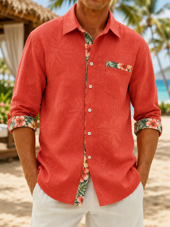 Linen-Texture  Solid-Color Paneling Leaf Print Chest Pocket Casual Long-Sleeve Shirt