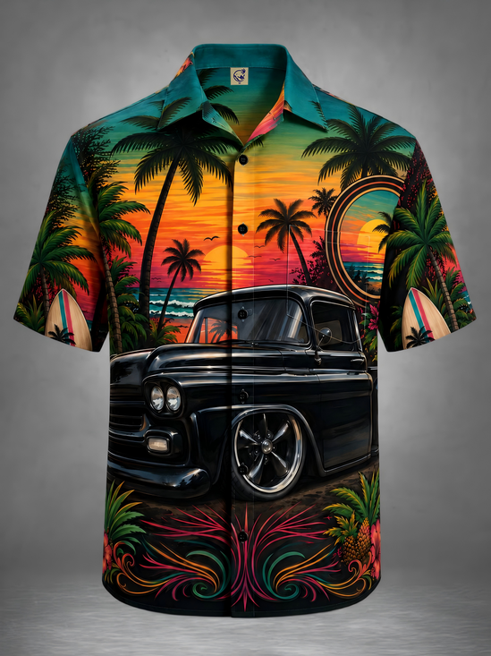 Moisture-Wicking Vintage Cassic Car Chest Pocket Hawaiian Shirt