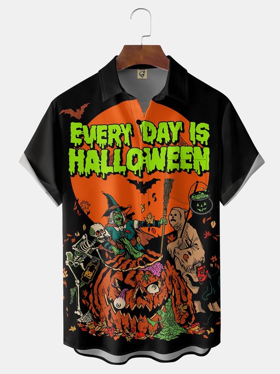 Moisture-wicking Halloween Pumpkin Ghost Chest Pocket Holiday Shirt
