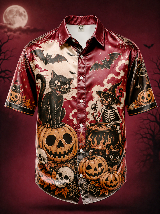 Breathable Silk Satin  Halloween Pumpkin Skull Wizard Cat Print Casual Shirt