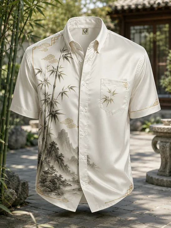 Breathable Silk Satin Vintage Ink-Wash Bamboo Leaf Print Chest Pocket  Casual Shirt
