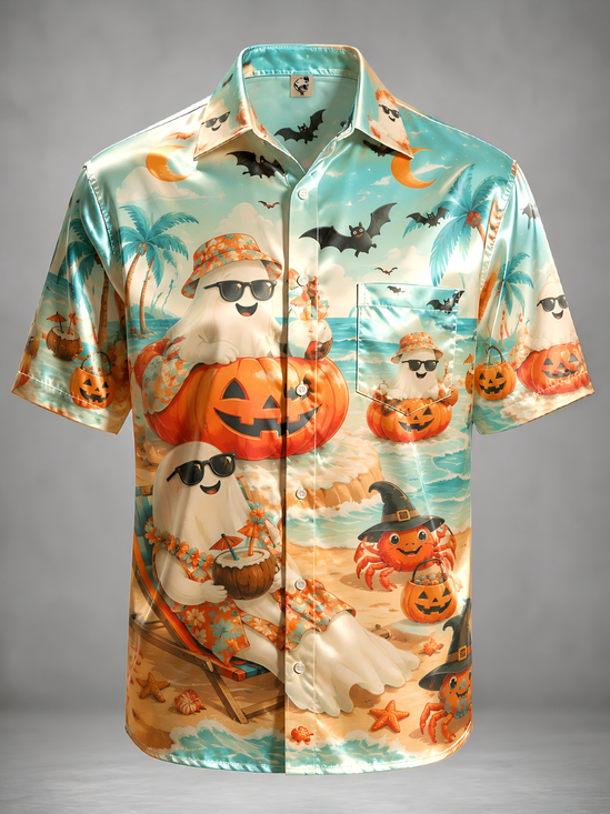 Breathable Silk Satin Pumpkin Ghost Chest Pocket Halloween Shirt
