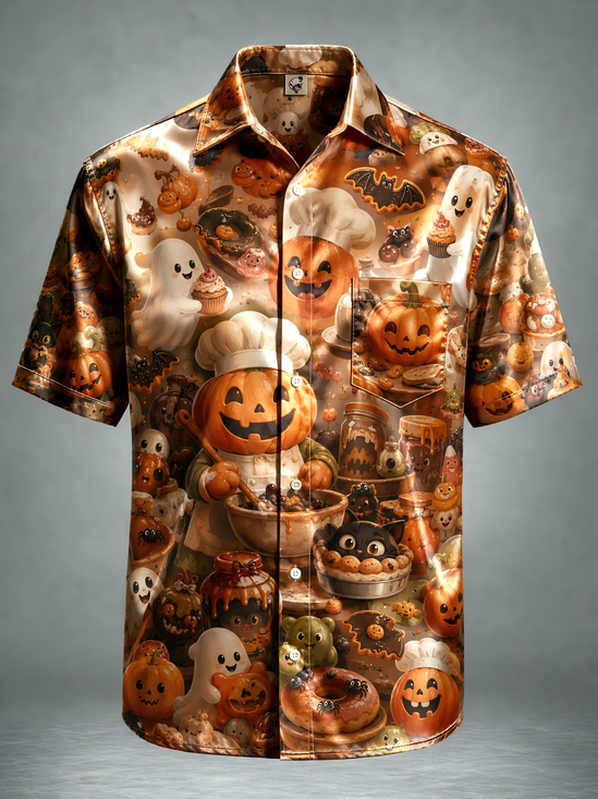 Breathable Silk Satin Pumpkin Ghost Chest Pocket Halloween Shirt