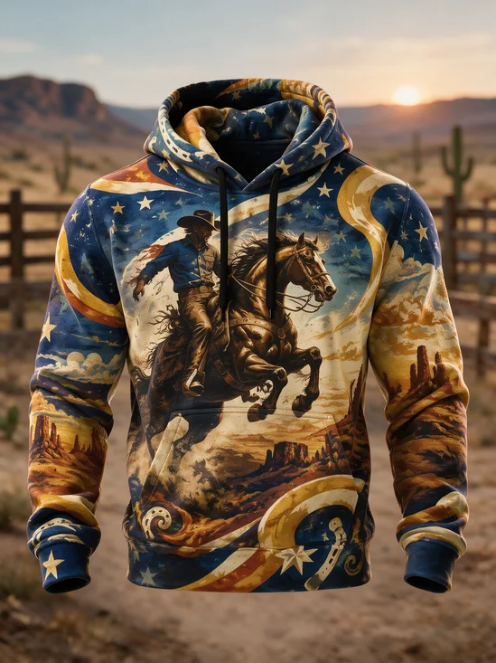 Mens Cowboy Horse Kangaroo-Pocket Hoodie Sweatshirt