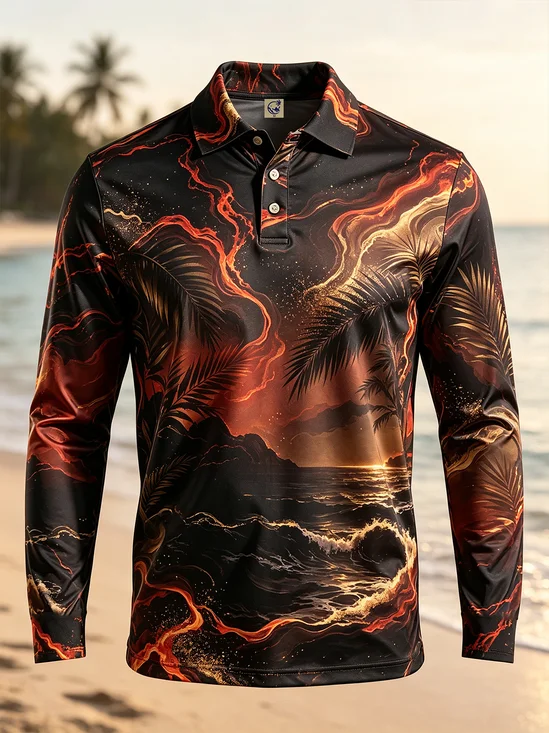 Moisture-Wicking Tropical Leaf & Seascape Gradient Long-Sleeve Hawaiian Golf Polo