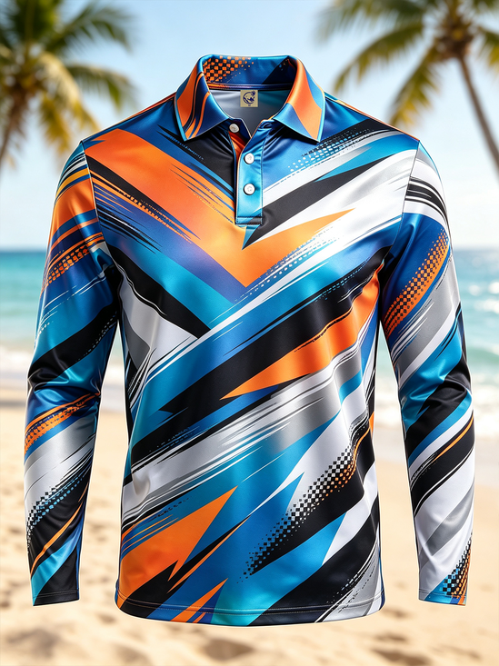 Moisture-Wicking Gradient 3D Abstract Geometric Color-Block & Polka-Dot Long-Sleeve Hawaiian Golf Polo
