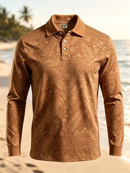 Moisture-Wicking Tropical Leaf & Geometric Print Gradient Long-Sleeve Hawaiian Golf Polo