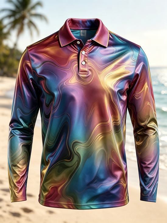 Moisture-Wicking  Gradient 3D Abstract Marble Print Long-Sleeve Hawaiian Golf Polo