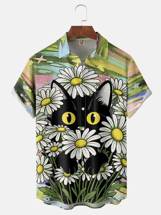 Hardaddy X Contatoeoli Studio Moisture-wicking Cartoon Cat Daisy Chest Pocket Hawaiian Shirt