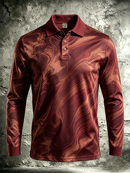 Moisture-Wicking Gradient 3D Abstract Marble Print Long-Sleeve Hawaiian Golf Polo