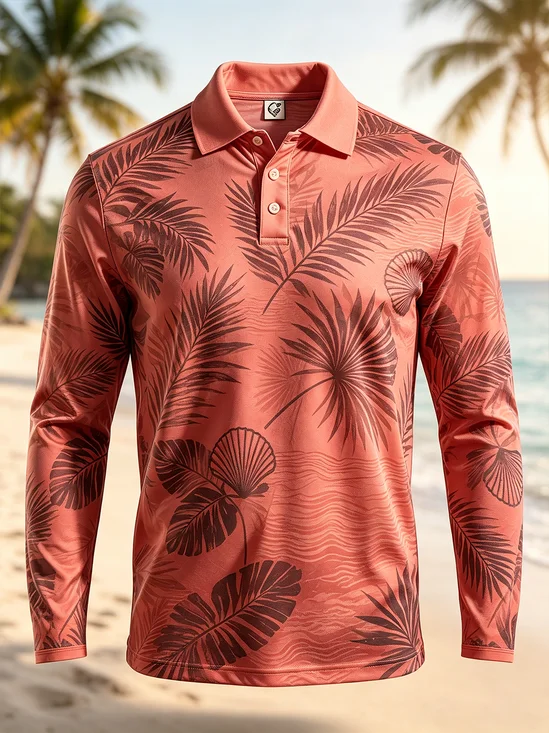 Moisture-Wicking Gradient Tropical Plant Leaf Shell Print Long-Sleeve Hawaiian Golf Polo