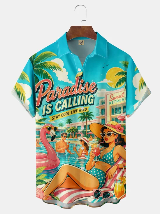 Moisture-Wicking Summer Pool Party American Retro Style Flamingo Beautiful Woman Paradise Swimming Chest Pocket Hawaiian Shirt