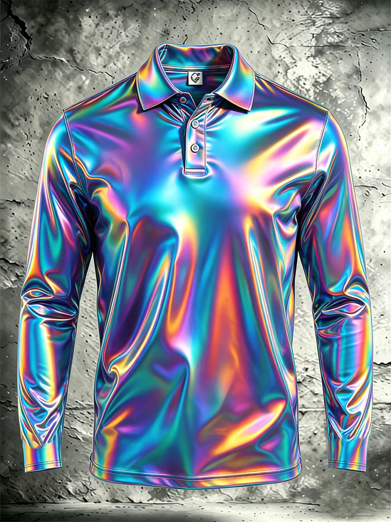 Moisture-Wicking Gradient 3D Abstract Design Iridescent Geometric Color Blocks Long-Sleeve Hawaiian Golf Polo